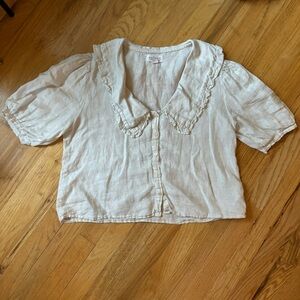 ✨SOLD✨Velvet ruffle collar v neck button down short sleeve blouse